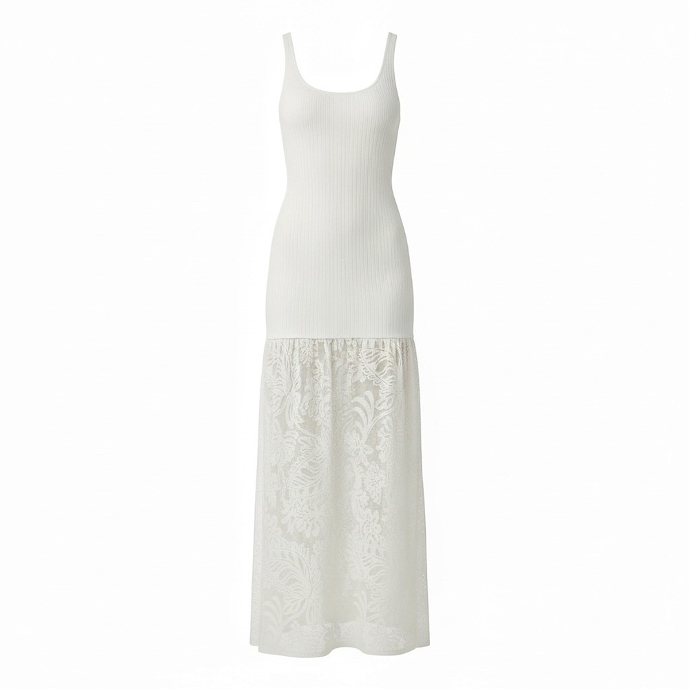BEC & BRIDGE Rissa Ribbed Knit Dress W/ Mesh Lace Skirt, Ivory, Large - Picture 8 of 15